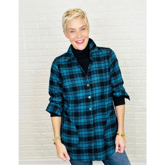 JOAN RIVERS FLANNEL SHIRT OCEAN AND BLACK - Picture 2 of 2